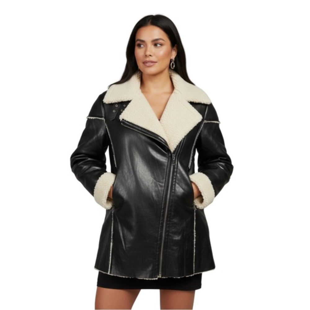 Shearling Trim Moto Jacket Finesse Yoly Black Vegan Leather Coat Size Large NWT